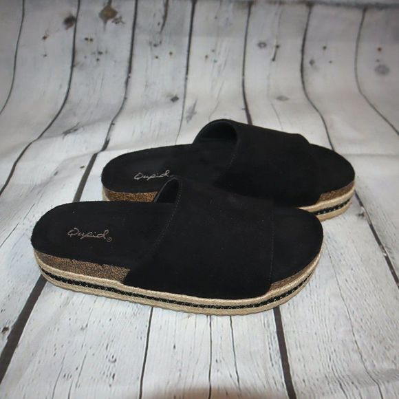 Qupid Meagan Black Open Toe Espadrille Cork Slide Platform Sandal Women's Size 7 - Picture 1 of 6